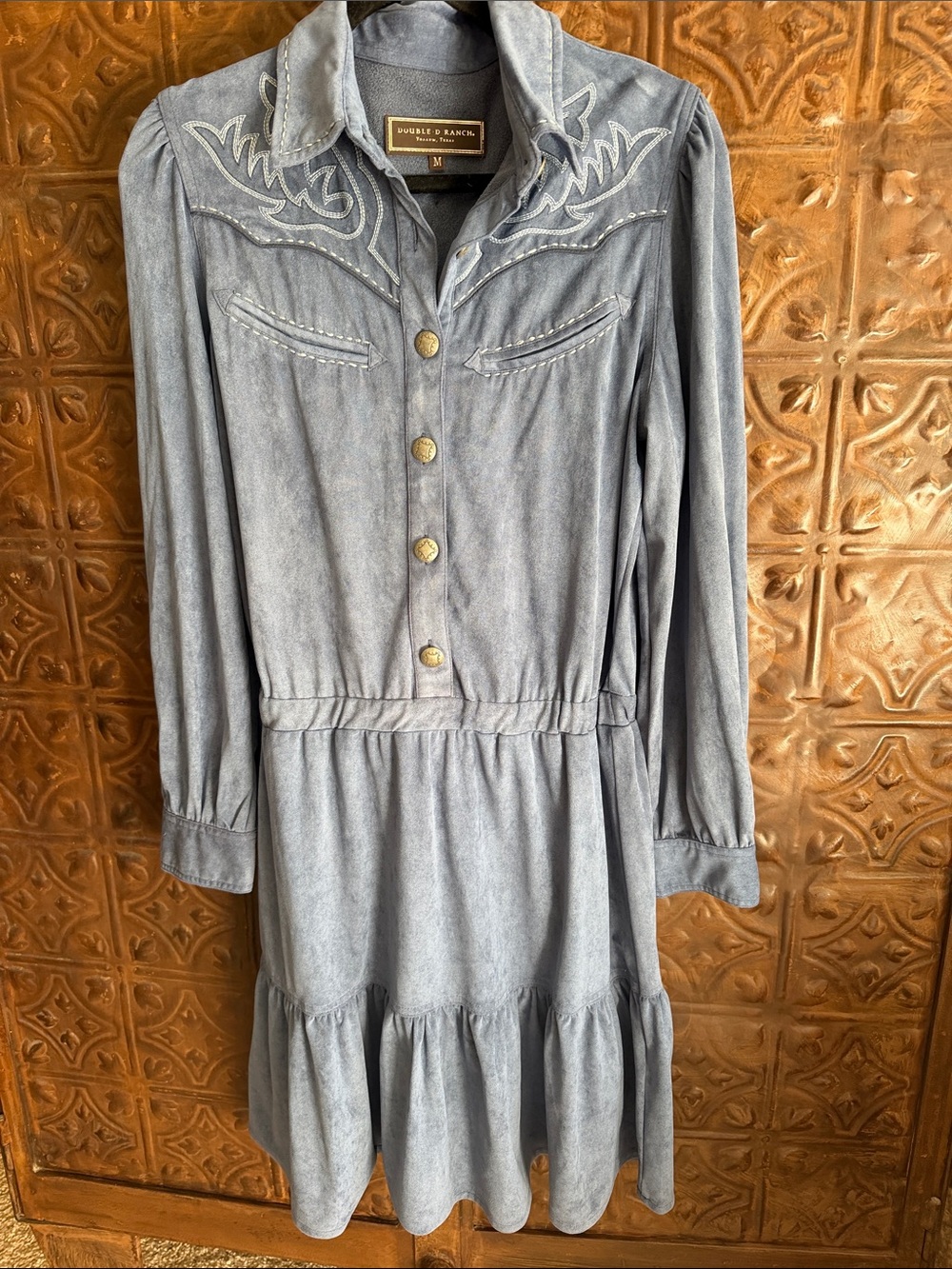 Double D Ranch Blue Suede Western Shirt Dress-Medium